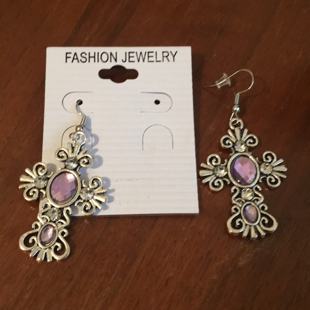 Rhinestone Cross Earrings - Light Purple - Picture 3 of 3